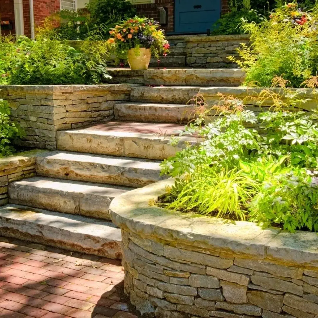 Stone garden steps with lush green plants.