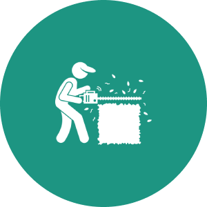 Person cutting wood with chainsaw icon.