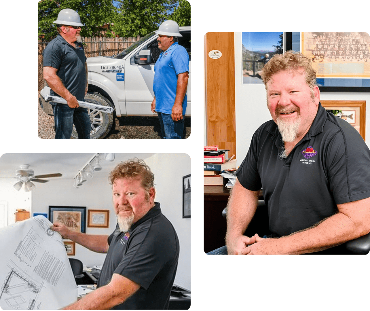 Man in office and construction site scenes.