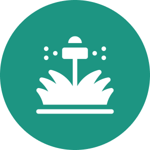 Sprinkler icon on green circular background.