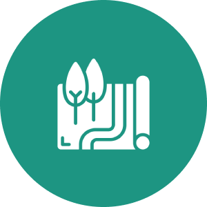 Map with trees icon on green background.