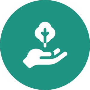 Hand holding tree symbol on green background.