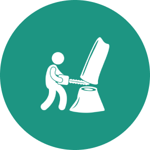 Person chainsawing tree stump icon.
