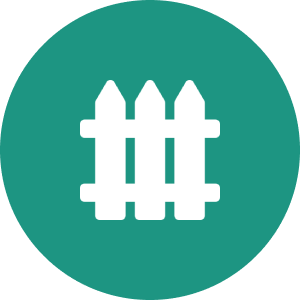 White fence icon on green circular background.